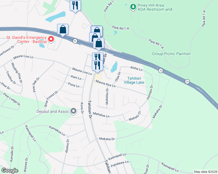 map of restaurants, bars, coffee shops, grocery stores, and more near 103 Mokalau Drive in Bastrop