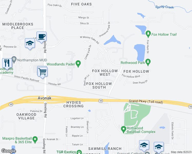 map of restaurants, bars, coffee shops, grocery stores, and more near 22914 Sherioaks Lane in Spring