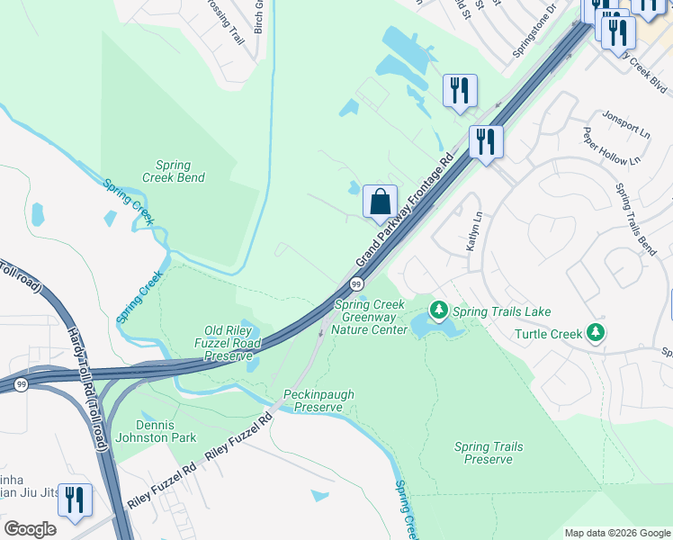 map of restaurants, bars, coffee shops, grocery stores, and more near 1351-1411 Riley Fuzzell Road in Spring