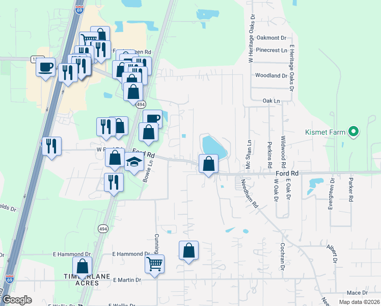 map of restaurants, bars, coffee shops, grocery stores, and more near 22549 Ford Road in Porter