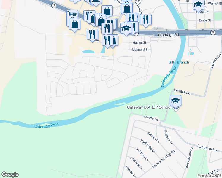 map of restaurants, bars, coffee shops, grocery stores, and more near 269 Rimrock Court in Bastrop