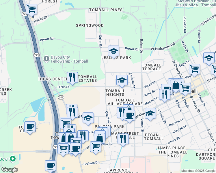 map of restaurants, bars, coffee shops, grocery stores, and more near 1101 Hicks Street in Tomball