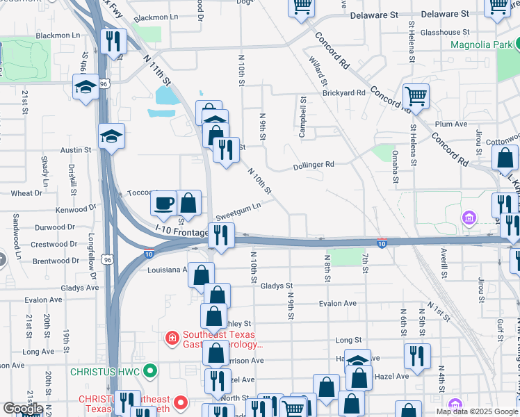 map of restaurants, bars, coffee shops, grocery stores, and more near 2505 Sweetgum Lane in Beaumont
