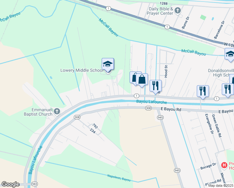 map of restaurants, bars, coffee shops, grocery stores, and more near 2389 Louisiana 1 in Donaldsonville