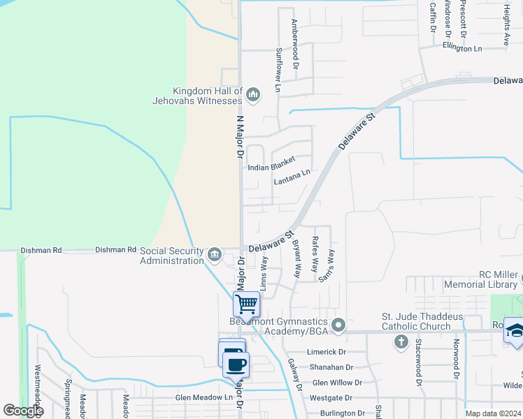 map of restaurants, bars, coffee shops, grocery stores, and more near 7929 Pecan Drive in Beaumont