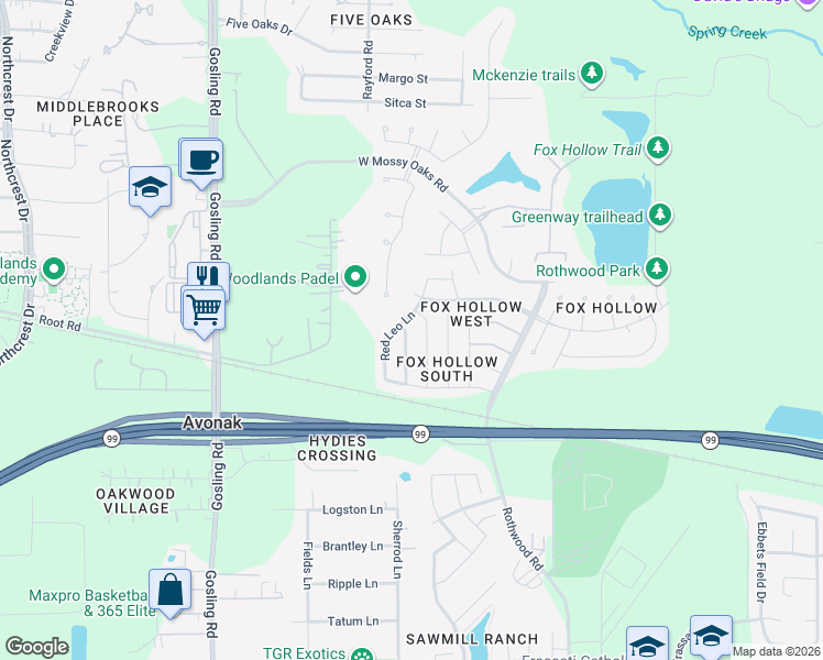 map of restaurants, bars, coffee shops, grocery stores, and more near 22906 Cabanna Road in Spring