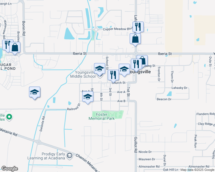map of restaurants, bars, coffee shops, grocery stores, and more near 501 Church Street in Youngsville