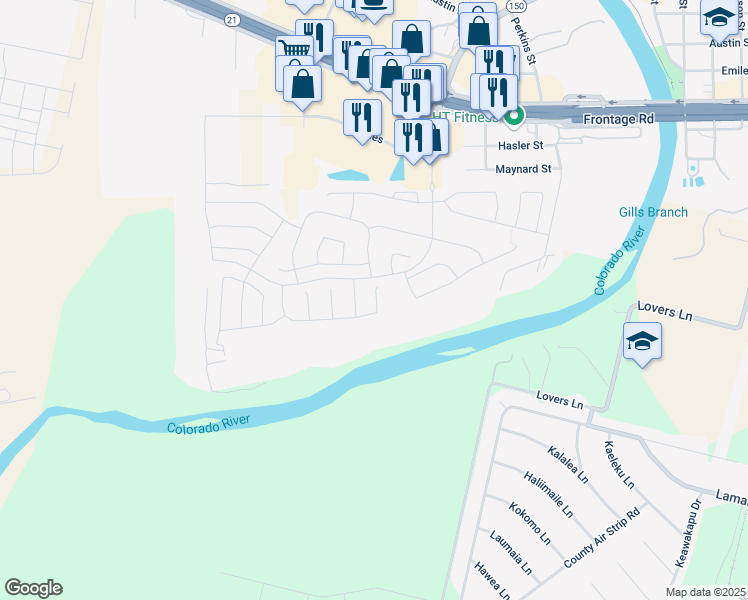 map of restaurants, bars, coffee shops, grocery stores, and more near 103 Breakwater Dr in Bastrop