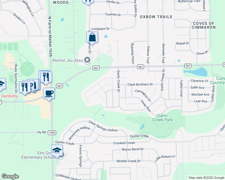 map of restaurants, bars, coffee shops, grocery stores, and more near Pettigrew Path in Buda