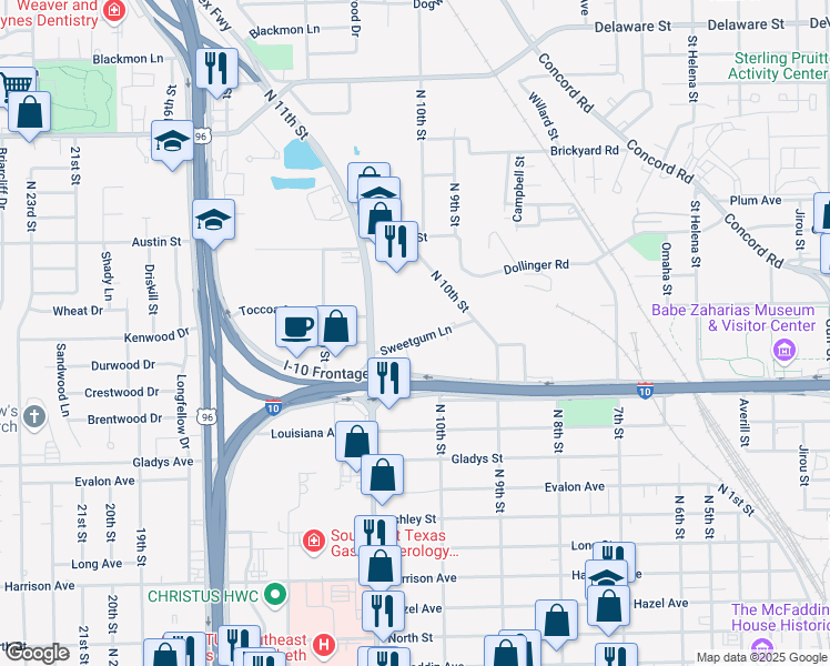 map of restaurants, bars, coffee shops, grocery stores, and more near 2640 Sweetgum Lane in Beaumont