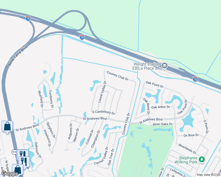 map of restaurants, bars, coffee shops, grocery stores, and more near 325 Cypress Point Drive in LaPlace