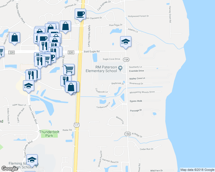 map of restaurants, bars, coffee shops, grocery stores, and more near 479 Baybrook Drive in Orange Park