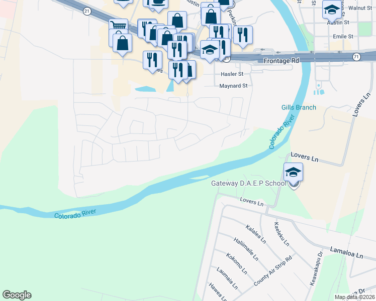 map of restaurants, bars, coffee shops, grocery stores, and more near 269 Rimrock Court in Bastrop
