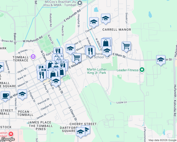 map of restaurants, bars, coffee shops, grocery stores, and more near 302 Mechanic Street in Tomball