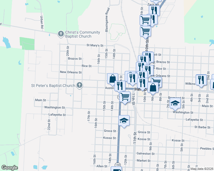 map of restaurants, bars, coffee shops, grocery stores, and more near 1435 Austin Street in Hempstead