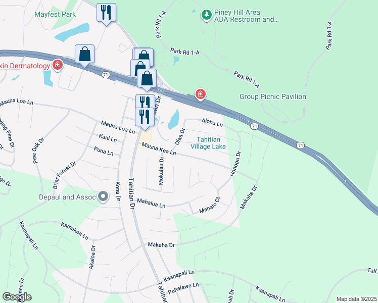 map of restaurants, bars, coffee shops, grocery stores, and more near 149 Mauna Kea Lane in Bastrop