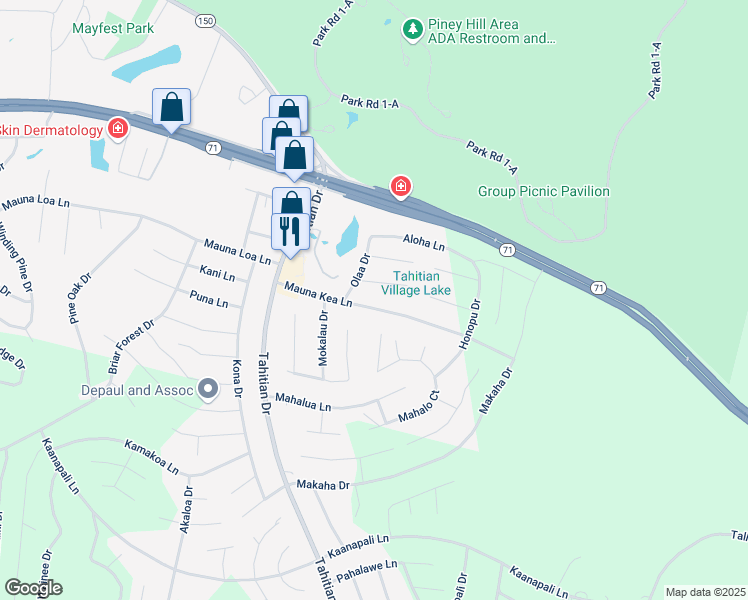 map of restaurants, bars, coffee shops, grocery stores, and more near 149 Mauna Kea Lane in Bastrop