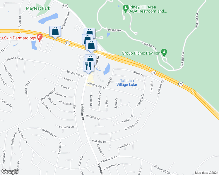 map of restaurants, bars, coffee shops, grocery stores, and more near 149 Mauna Kea Lane in Bastrop