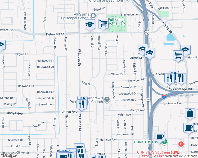 map of restaurants, bars, coffee shops, grocery stores, and more near 1820 Briarcliff Drive in Beaumont