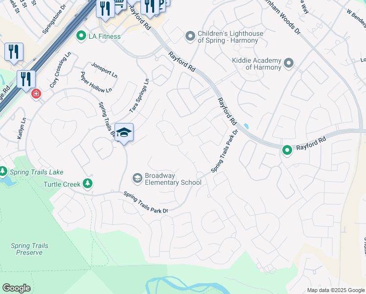 map of restaurants, bars, coffee shops, grocery stores, and more near 23714 Tristan Bay Court in Spring