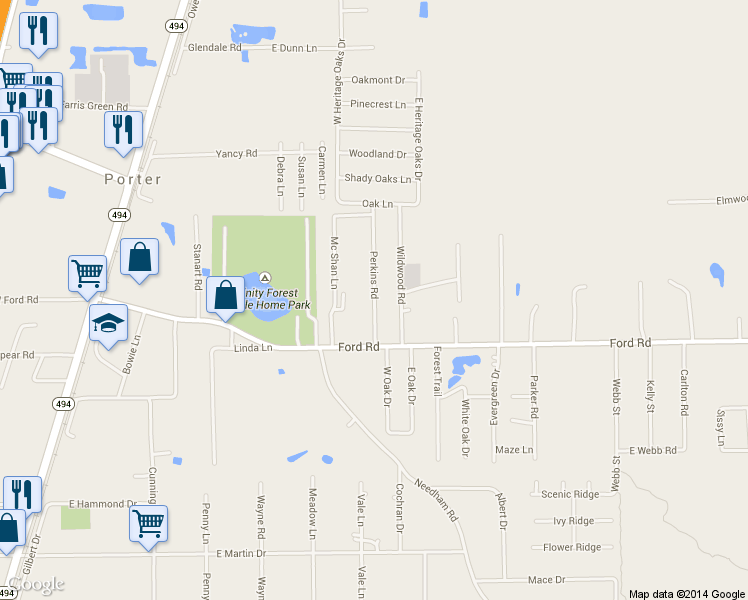 map of restaurants, bars, coffee shops, grocery stores, and more near 24104 Perkins Road in Porter