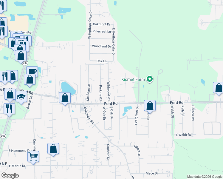 map of restaurants, bars, coffee shops, grocery stores, and more near 24029 Wildwood Road in Porter