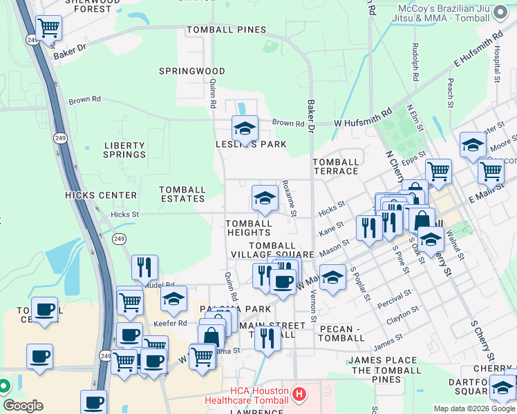 map of restaurants, bars, coffee shops, grocery stores, and more near 1100 Hicks Street in Tomball