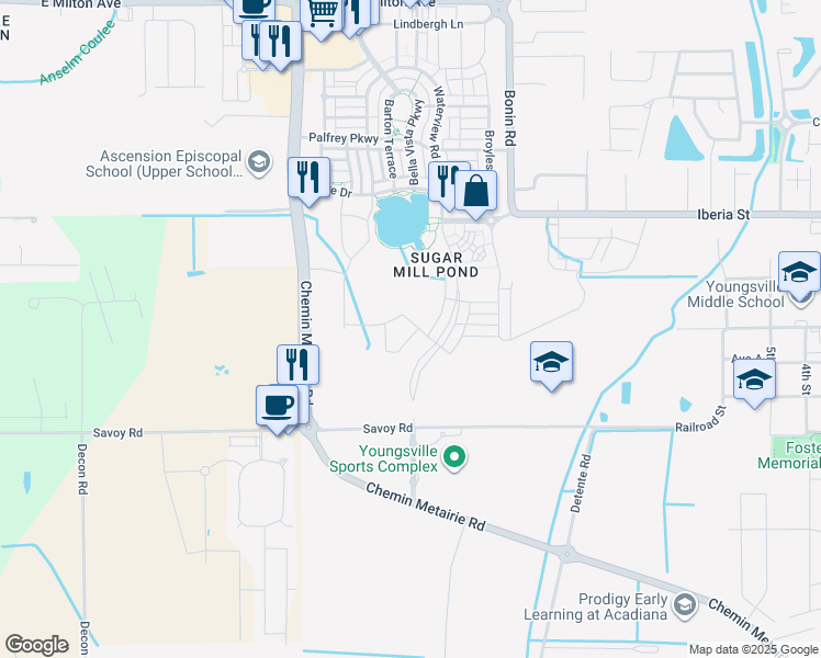 map of restaurants, bars, coffee shops, grocery stores, and more near 720-944 Savoy Road in Youngsville