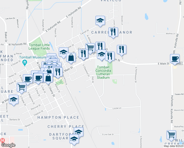 map of restaurants, bars, coffee shops, grocery stores, and more near 425 Timkin Road in Tomball