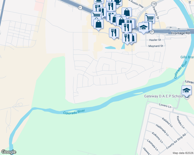 map of restaurants, bars, coffee shops, grocery stores, and more near 113 Watercourse Way in Bastrop