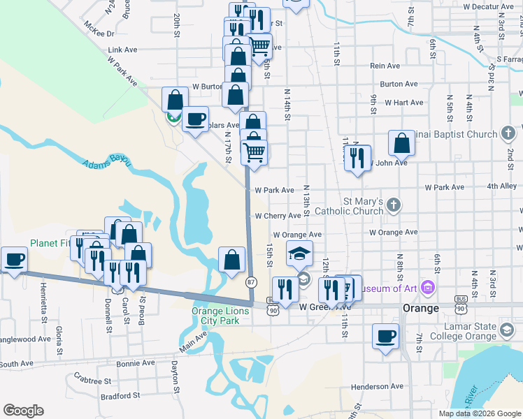 map of restaurants, bars, coffee shops, grocery stores, and more near 812 North 16th Street in Orange