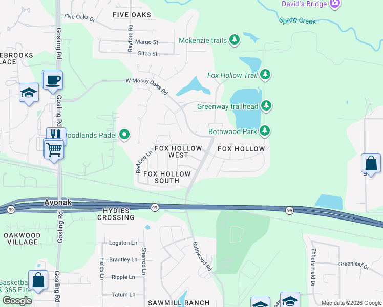 map of restaurants, bars, coffee shops, grocery stores, and more near 5006 Meadowfox Place in Spring