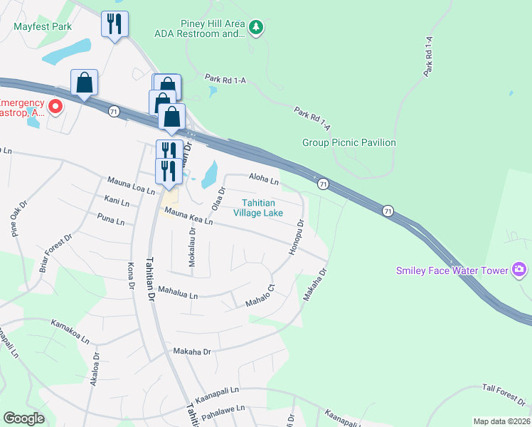 map of restaurants, bars, coffee shops, grocery stores, and more near 198 Keo Kea Court in Bastrop