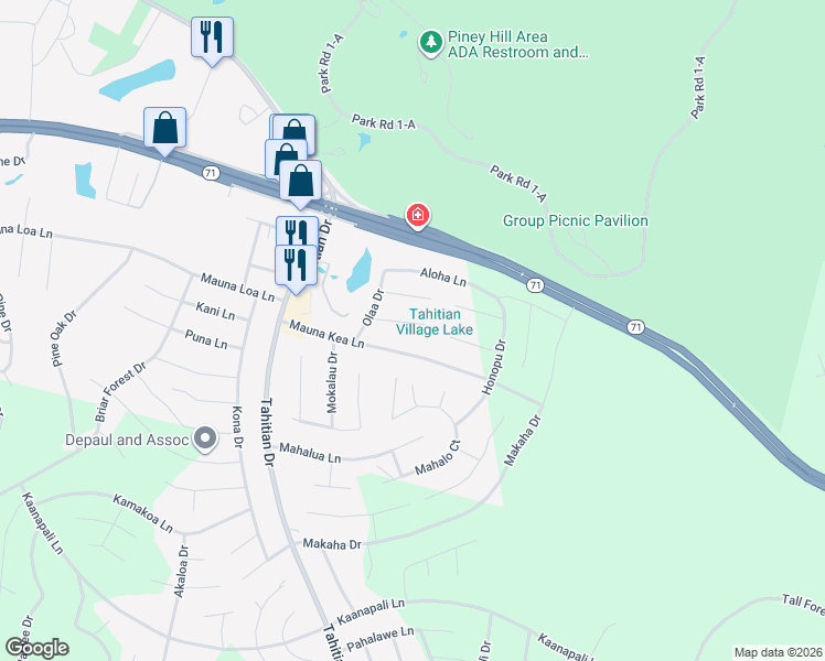 map of restaurants, bars, coffee shops, grocery stores, and more near 119 Homonu Court in Bastrop