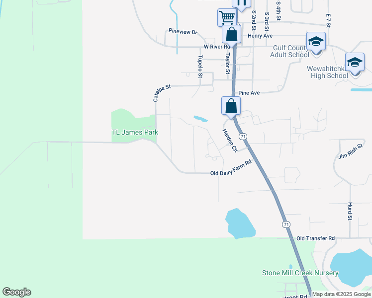 map of restaurants, bars, coffee shops, grocery stores, and more near 387 Old Dairy Farm Road in Wewahitchka