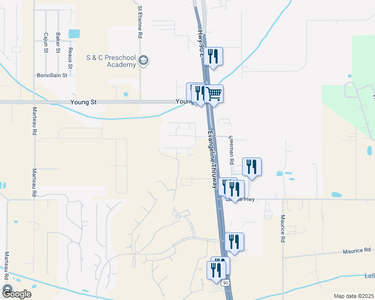 map of restaurants, bars, coffee shops, grocery stores, and more near 103 Weco Lane in Broussard