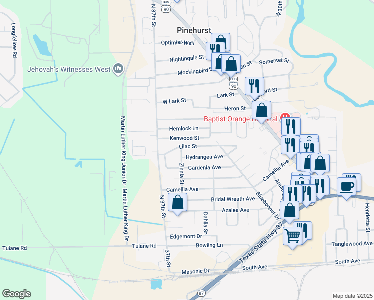 map of restaurants, bars, coffee shops, grocery stores, and more near 570 Lilac Street in Orange