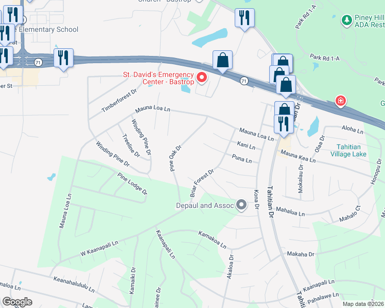 map of restaurants, bars, coffee shops, grocery stores, and more near 151 Briar Forest Drive in Bastrop