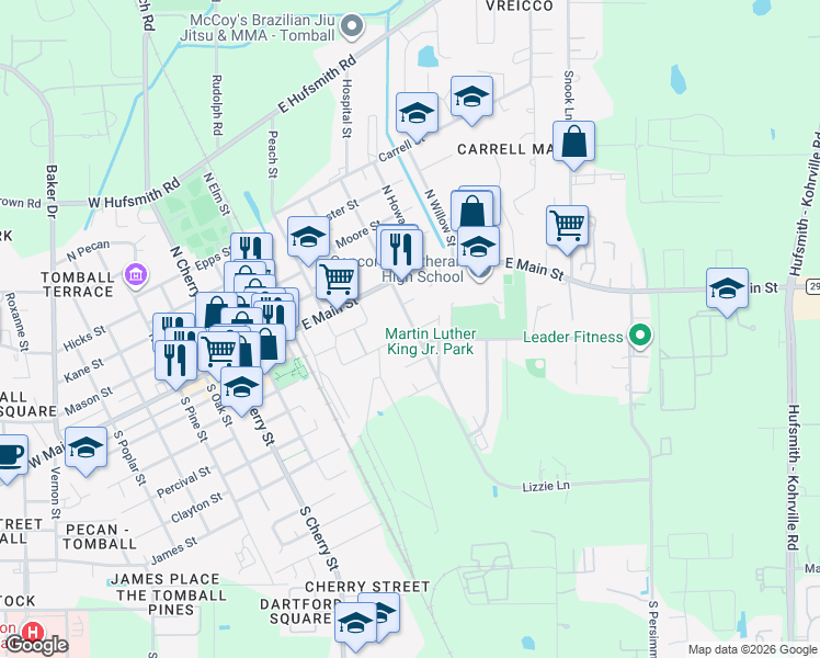 map of restaurants, bars, coffee shops, grocery stores, and more near 417 Mechanic Street in Tomball