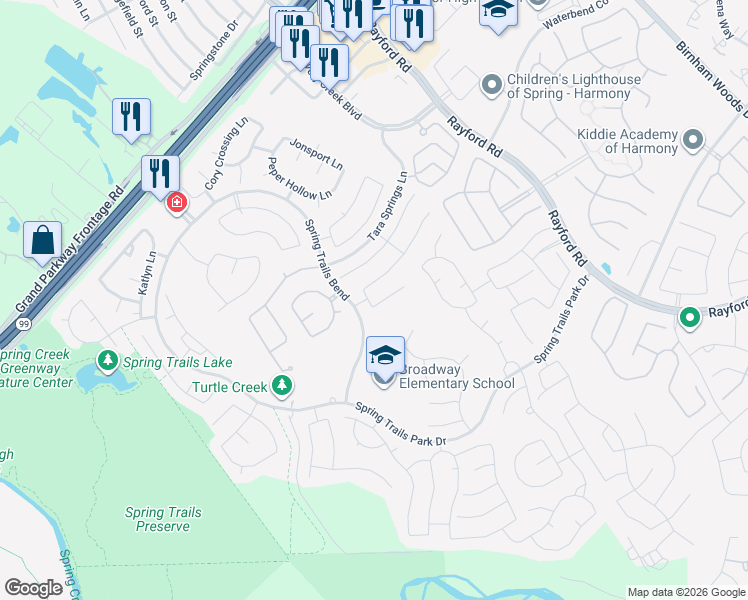 map of restaurants, bars, coffee shops, grocery stores, and more near 2315 Morgan Ridge Lane in Spring