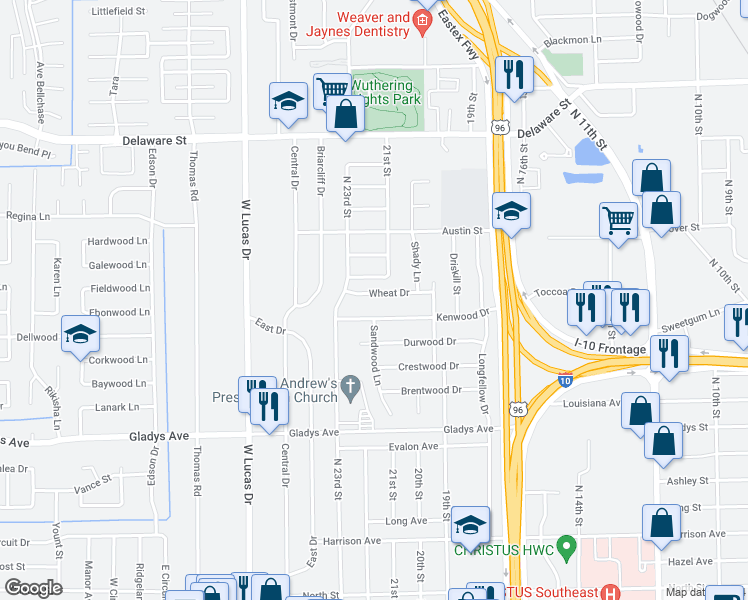 map of restaurants, bars, coffee shops, grocery stores, and more near 3825 Wheat Drive in Beaumont