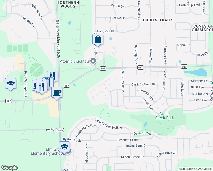 map of restaurants, bars, coffee shops, grocery stores, and more near 313 Wincliff Drive in Buda