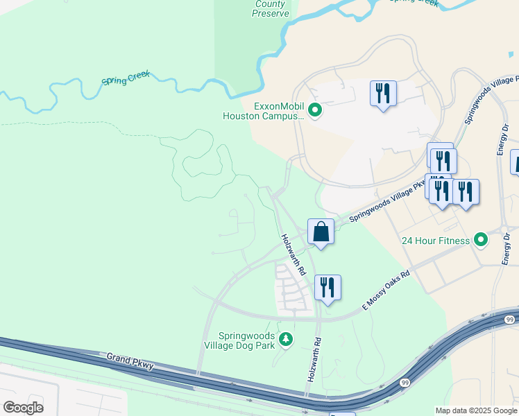 map of restaurants, bars, coffee shops, grocery stores, and more near 23210 Morning Dove Bend Lane in Spring