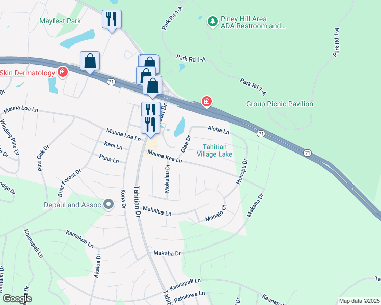 map of restaurants, bars, coffee shops, grocery stores, and more near 121 Olaa Drive in Bastrop