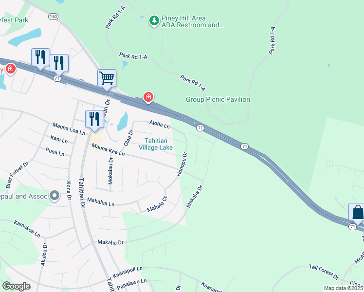 map of restaurants, bars, coffee shops, grocery stores, and more near 151 Aloha Lane in Bastrop
