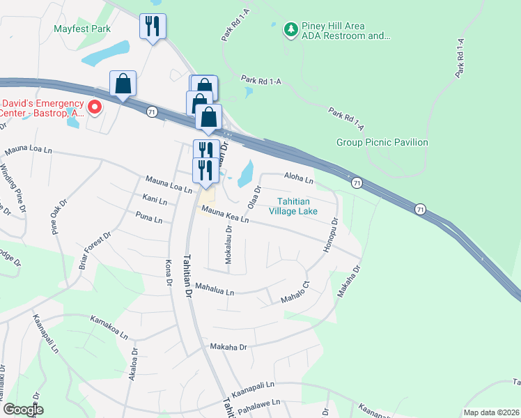 map of restaurants, bars, coffee shops, grocery stores, and more near 121 Olaa Drive in Bastrop