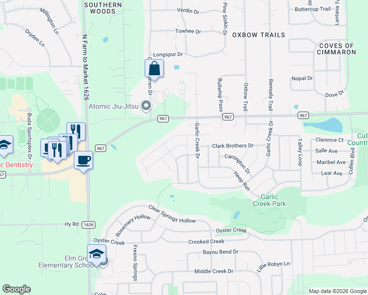 map of restaurants, bars, coffee shops, grocery stores, and more near 330 Pettigrew Path in Buda