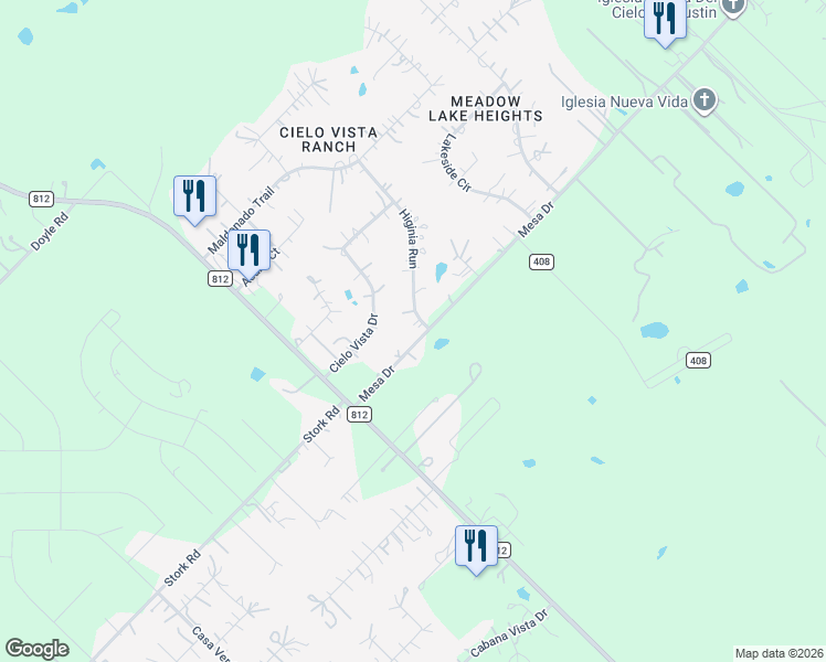 map of restaurants, bars, coffee shops, grocery stores, and more near 181 Higinia Run in Del Valle