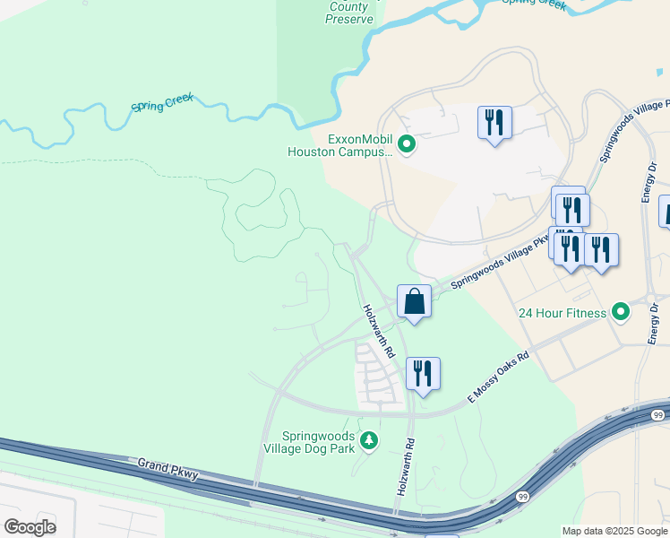 map of restaurants, bars, coffee shops, grocery stores, and more near 23210 Morning Dove Bend Lane in Spring