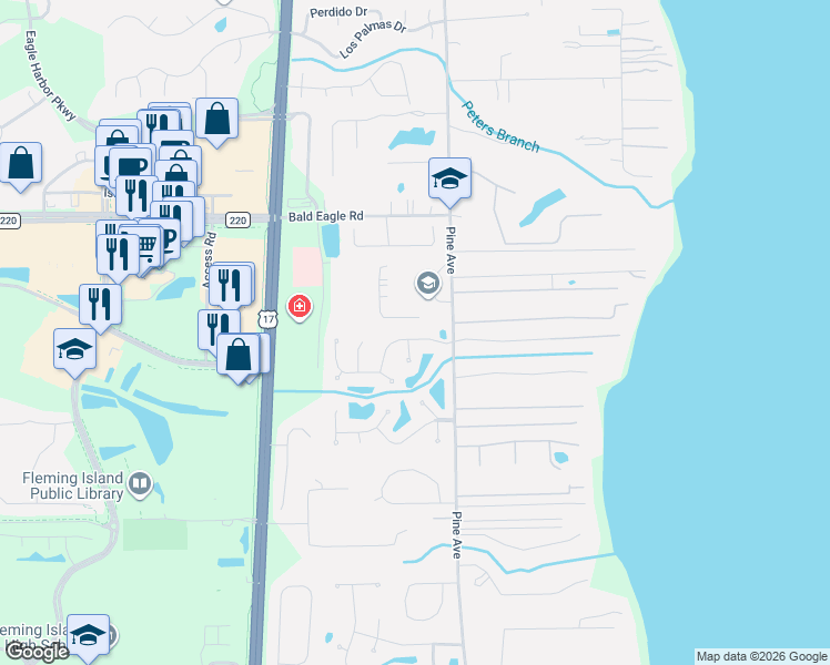 map of restaurants, bars, coffee shops, grocery stores, and more near 5400 Pine Avenue in Fleming Island